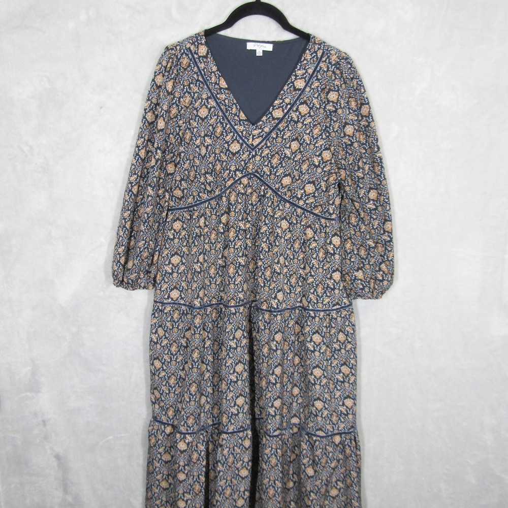 Polagram Women's Medium Floral Print Tiered Maxi Dress V Neck Long Sleeve